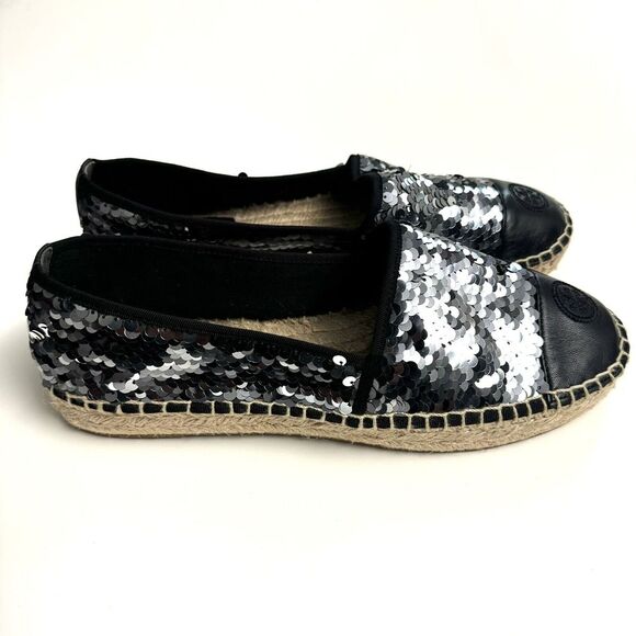 TORY BURCH FLAT ESPADRILLE BLACK SEQUIN WOMEN'S SIZE 10 - Picture 6 of 10